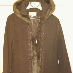 Croft & Barrow Women WOOL Brown Imitation Fur Coat